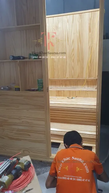 Phòng xông hơi khô đá muối khách hàng tại Biên Hòa - Đồng Nai. Cao 2m2, ngang 1m6, sâu 1m2. Sử dụng 3 - 4 người/lần xông. Hình 4/4 