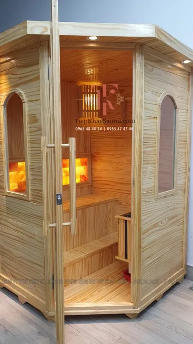 Phòng xông hơi khô đá muối lắp đặt tại Lan Anh SPA, Gia Nghĩa, Đăk Nông. Cao 2m, ngang 1m3, sâu 1m3. Sử dụng 2-3 người/lần xông. Hình 4/4