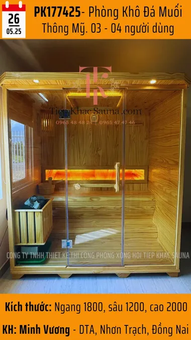 Phòng xông hơi đá muối Thông Mỹ cho 3–4 người, thi công tại DTA Nhơn Trạch – Tiệp Khắc Sauna