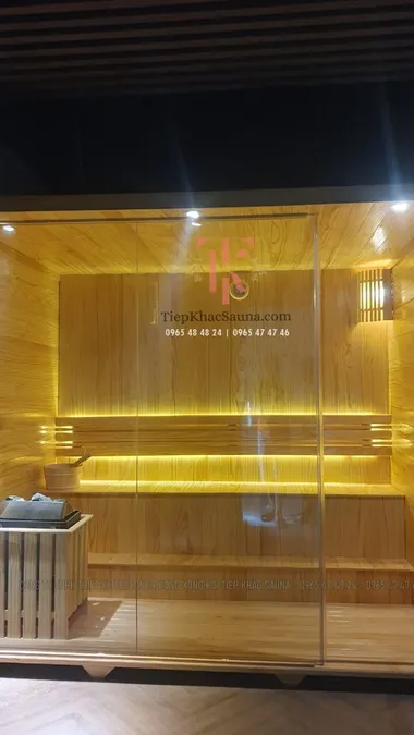 Phòng xông hơi khô lắp đặt SPA tại Cái Bè, Tiền Giang. Cao 2m2, ngang 2m39, sâu 1m4. Sử dụng tối đa 7 người/lần xông. Hình 2/2 