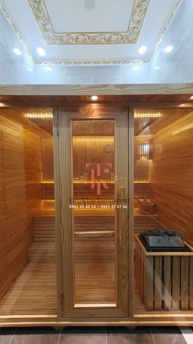 Phòng xông hơi khô lắp đặt tại gia đình anh Hạnh, Cần Giờ, HCM. Cao 2m, ngang 2m, sâu 1m4. Sử dụng tối đa 6 người/lần xông. Hình 3