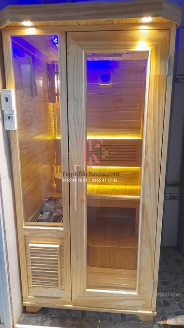 Phòng xông hơi khô mini lắp đặt tại Bạc Liêu. Cao 2m, ngang 1m, sâu 1m. Sử dụng tối đa 1 người/lần xông. Hình 1