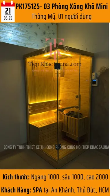 Phòng xông hơi mini 1 người dùng cho spa, thiết kế gọn gàng, ánh sáng vàng ấm tại Thủ Đức