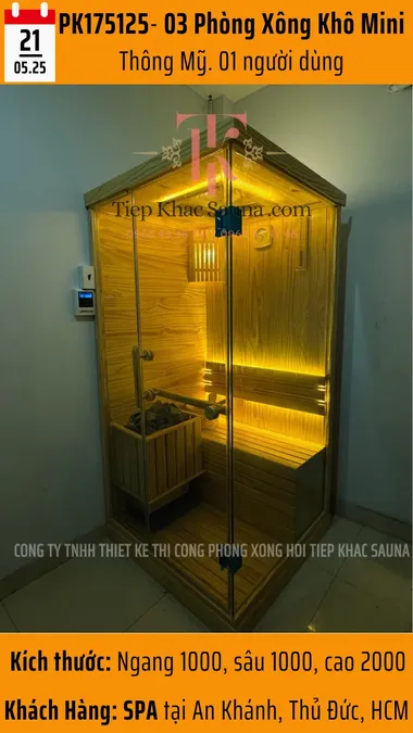 Phòng xông hơi khô mini 1 người, gỗ thông Mỹ, lắp đặt tại spa An Khánh, Thủ Đức – Tiệp Khắc Sauna