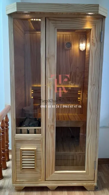 Phòng xông khô mini lắp đặt tại Quận 2, HCM. Cao 2m, ngang 1m, sâu 1m. Sử dụng 1 người/lần xông. Hình 1