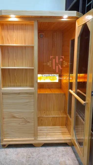 Phòng xông hơi khô lắp đặt tại Phan Thiết. Cao 2m, ngang 1m2, sâu 1m1. Sử dụng tối đa 2 người/lần xông. Hình 2