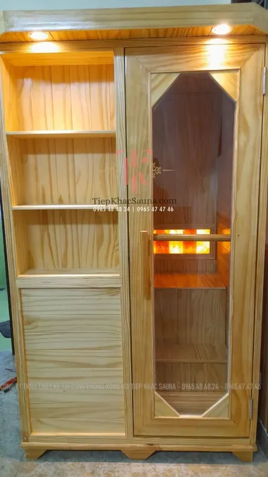Phòng xông hơi khô lắp đặt tại Phan Thiết. Cao 2m, ngang 1m2, sâu 1m1. Sử dụng tối đa 2 người/lần xông. Hình 1