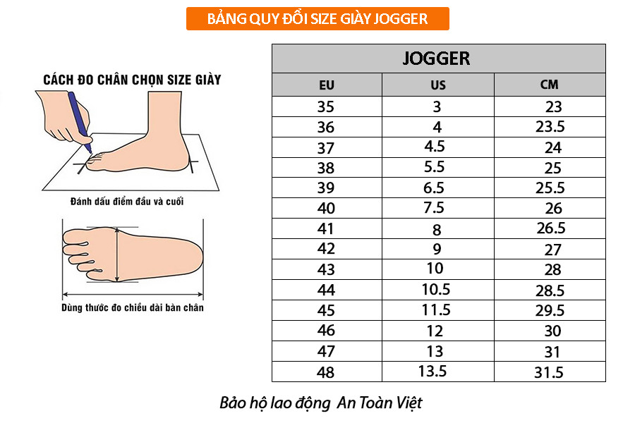 Bảng size giày bảo hộ jogger
