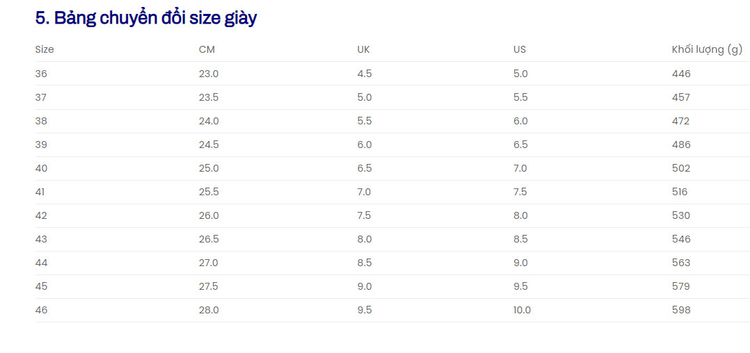 bảng size giày bảo hộ takumi