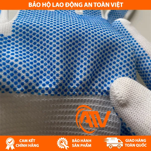 Găng Tay Len Phủ Hạt Nhựa Xanh