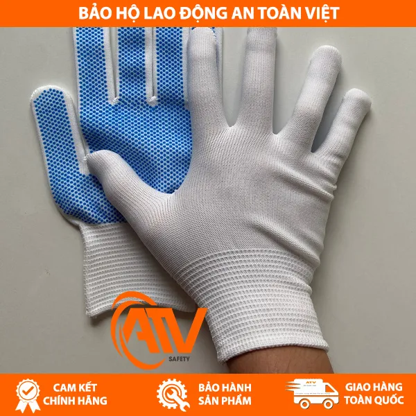 Găng Tay Len Phủ Hạt Nhựa Xanh