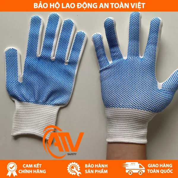 Găng Tay Len Phủ Hạt Nhựa Xanh