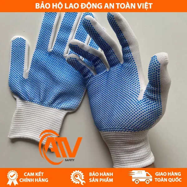 Găng Tay Len Phủ Hạt Nhựa Xanh