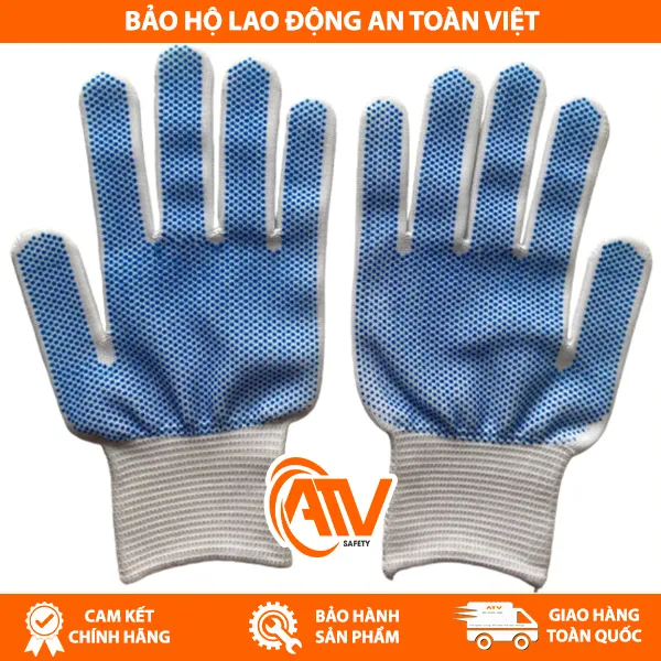 Găng Tay Len Phủ Hạt Nhựa Xanh
