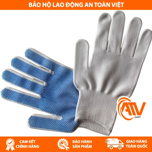 Găng Tay Len Phủ Hạt Nhựa Xanh