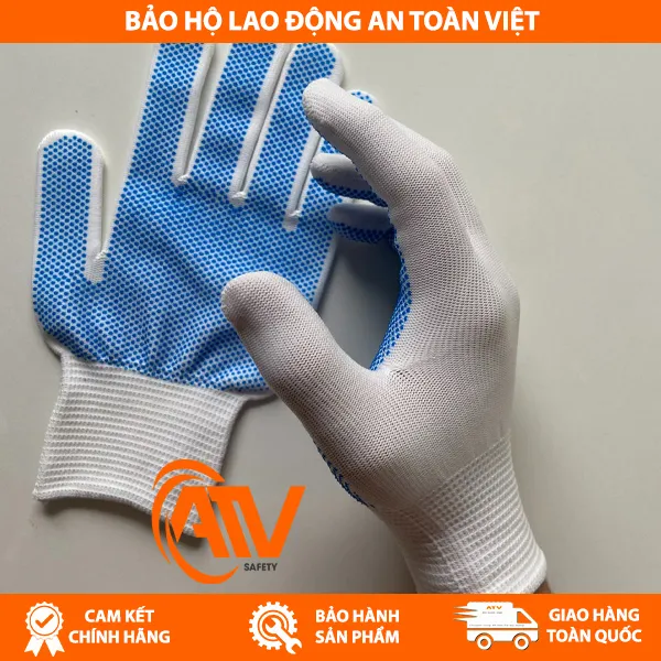 Găng Tay Len Phủ Hạt Nhựa Xanh