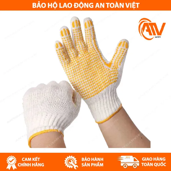 Găng Tay Len Phủ Hạt Nhựa Vàng