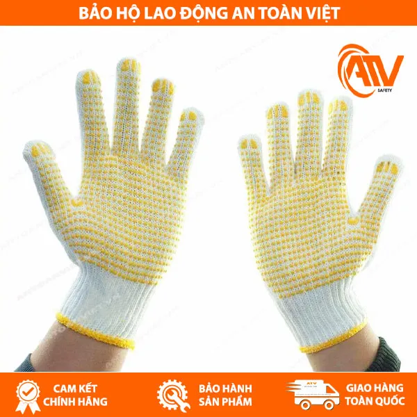 Găng Tay Len Phủ Hạt Nhựa Vàng