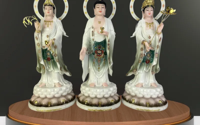 Tây Phương Tam Thánh Phật Đứng Có Hào Quang Tròn