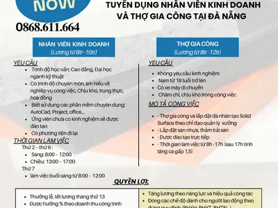 TUYỂN DỤNG NHÂN VIÊN KINH DOANH VÀ THỢ GIA CÔNG ĐÁ SOLID SURFACE KHU VỰC ĐÀ NẴNG