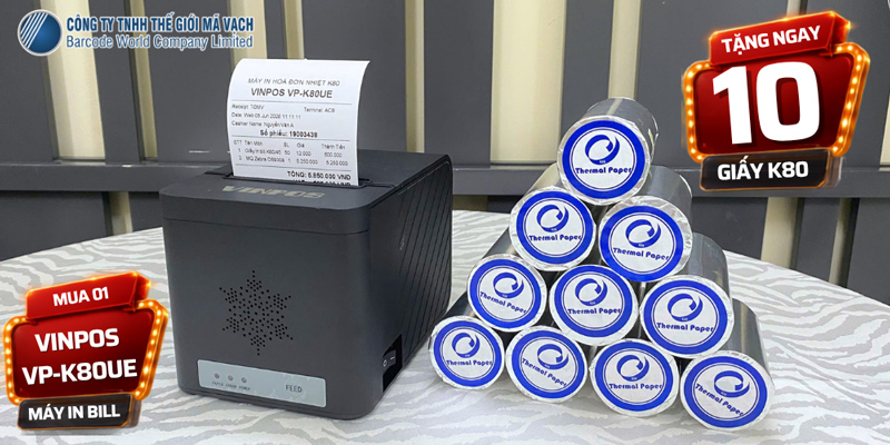 Máy In Bill Vinpos VP-K80UE và 10 cuộn giấy K80 phi 45 Máy In Bill Vinpos VP-K80UE và 10 cuộn giấy K80 phi 45