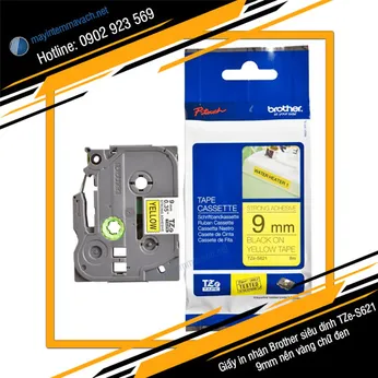 Giấy in nhãn Brother siêu dính TZe-S621 9mm nền vàng chữ đen