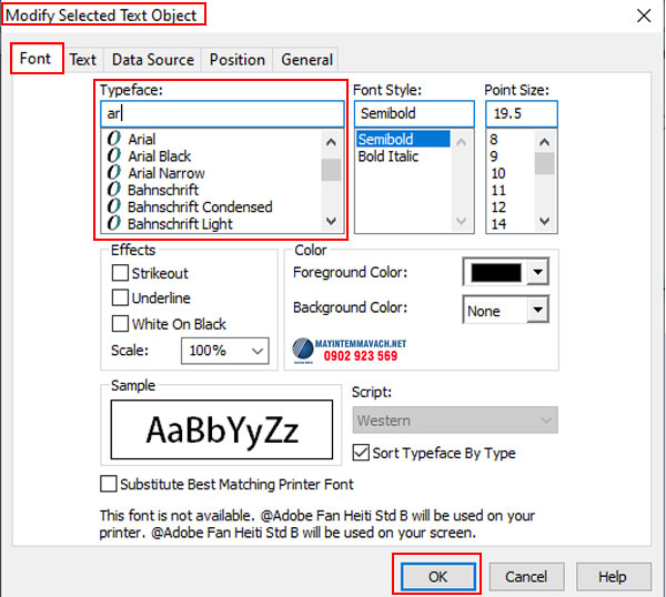 Xử lý lỗi font chữ trong Bartender chọn sai font chữ 2 Xử lý lỗi font chữ trong Bartender chọn sai font chữ 2