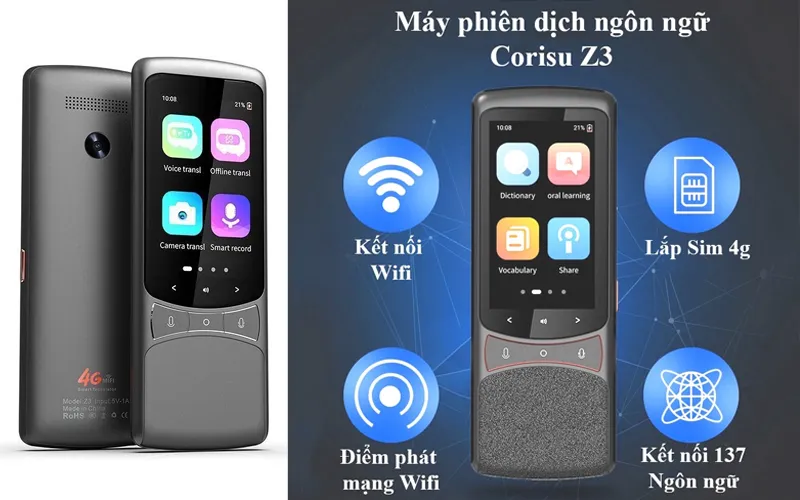 Máy phiên dịch Z3 hỗ trợ sim 4G, dịch giọng nói, dịch ảnh, wifi chia sẻ dữ liệu (BH 1 năm)