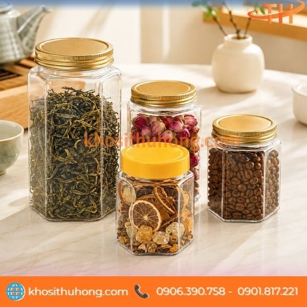 Hũ nhựa lục giác đựng trà khô, cà phê Hũ nhựa lục giác đựng trà khô, cà phê