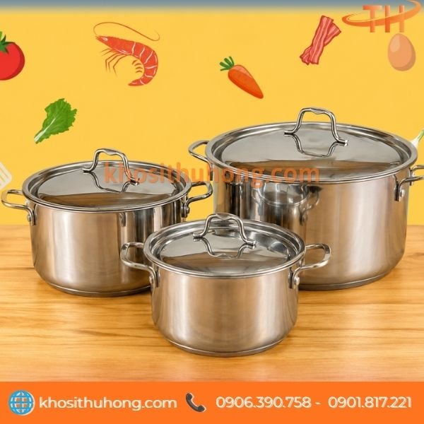 Nồi inox 3 đáy dùng nấu canh, luộc, nấu súp, món nước Nồi inox 3 đáy dùng nấu canh, luộc, nấu súp, món nước