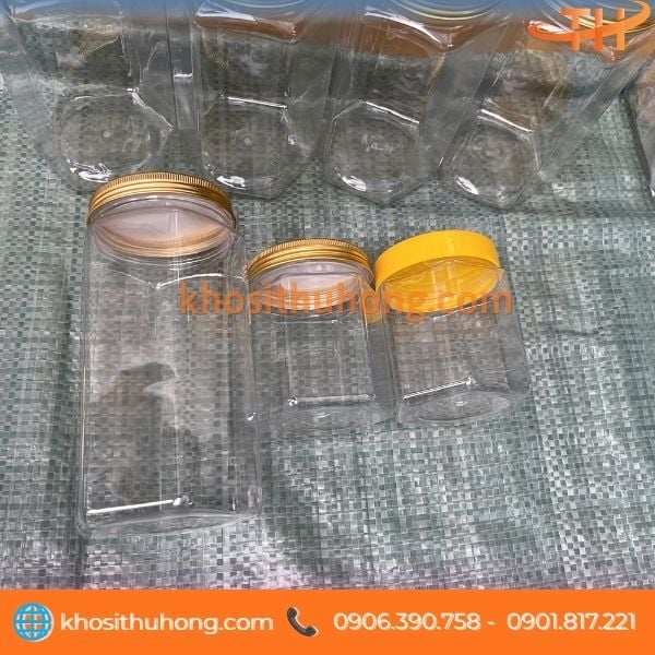 Hũ nhựa lục giác nắp vặn đầy đủ kích thước Hũ nhựa lục giác nắp vặn đầy đủ kích thước