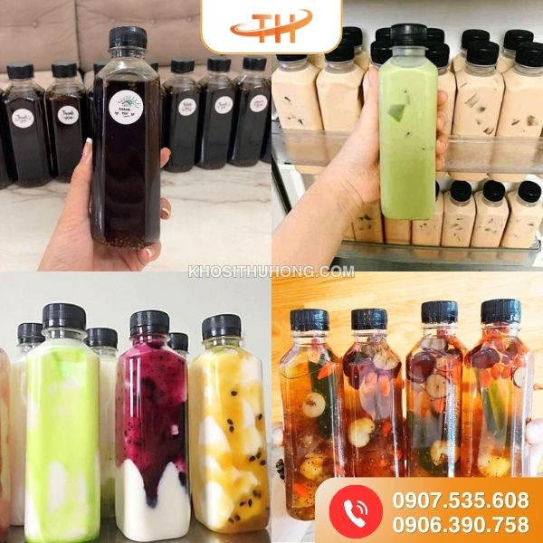 Mẫu chai nhựa vuông nắp đen đựng các loại nước uống sang trọng Mẫu chai nhựa vuông nắp đen đựng các loại nước uống sang trọng