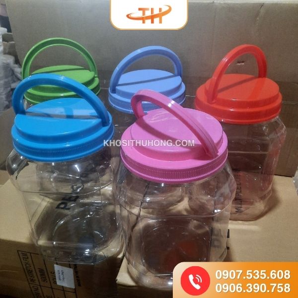Hũ nhựa vuông nắp quai 5kg đủ mọi màu sắc Hũ nhựa vuông nắp quai 5kg đủ mọi màu sắc