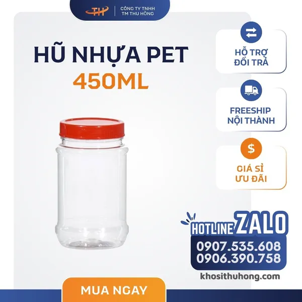 Hũ Nhựa PET 450ml - Nắp Đỏ/Trắng