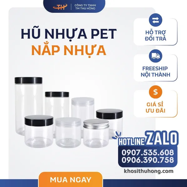 Hũ PET Nắp Nhựa - 250ml, 500ml, 600ml, 700ml, 750ml, 900ml, 1000ml, 1200ml, 1300ml, 1500ml