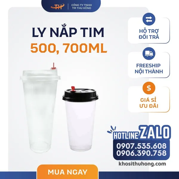 Ly Nắp Tim PP - Nắp Trắng/Đen 500ml, 700ml