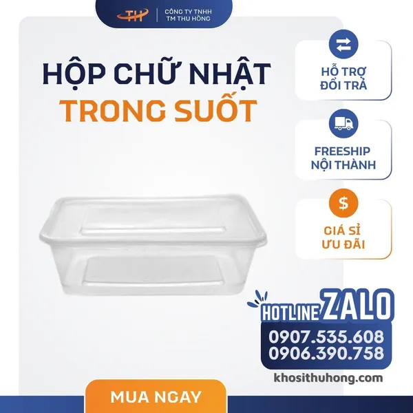 Hộp Nhựa Chữ Nhật Trong Suốt - 500ml, 650ml, 750ml, 1000ml