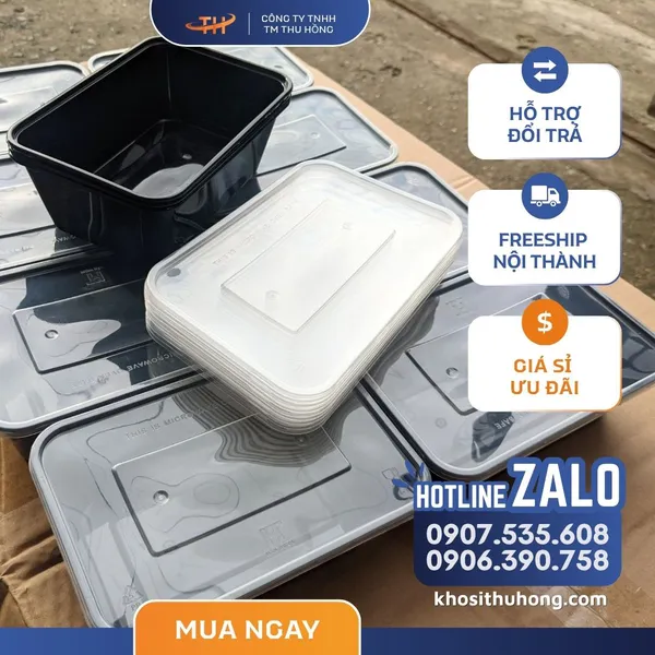 Hộp Nhựa Chữ Nhật Đế Đen - 500ml, 650ml, 750ml, 1000ml