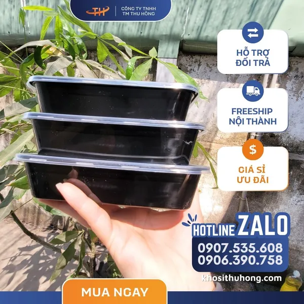Hộp Nhựa Chữ Nhật Đế Đen - 500ml, 650ml, 750ml, 1000ml
