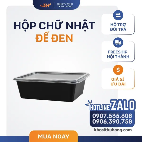 Hộp Nhựa Chữ Nhật Đế Đen - 500ml, 650ml, 750ml, 1000ml