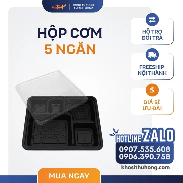 Hộp Nhựa Đế Đen 5 Ngăn Đựng Cơm