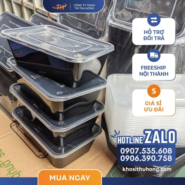 Hộp Nhựa Chữ Nhật Đế Đen - 500ml, 650ml, 750ml, 1000ml