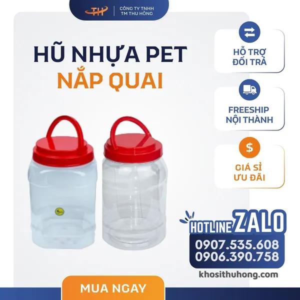 Hũ Nhựa Nắp Quai - Vuông/Tròn 3kg3, 4kg, 5kg, 7kg, 10kg
