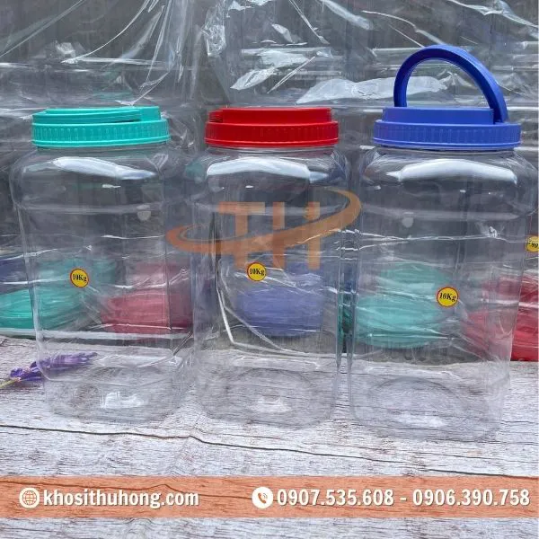 Hũ Nhựa Nắp Quai - Vuông/Tròn 3kg3, 4kg, 5kg, 7kg, 10kg