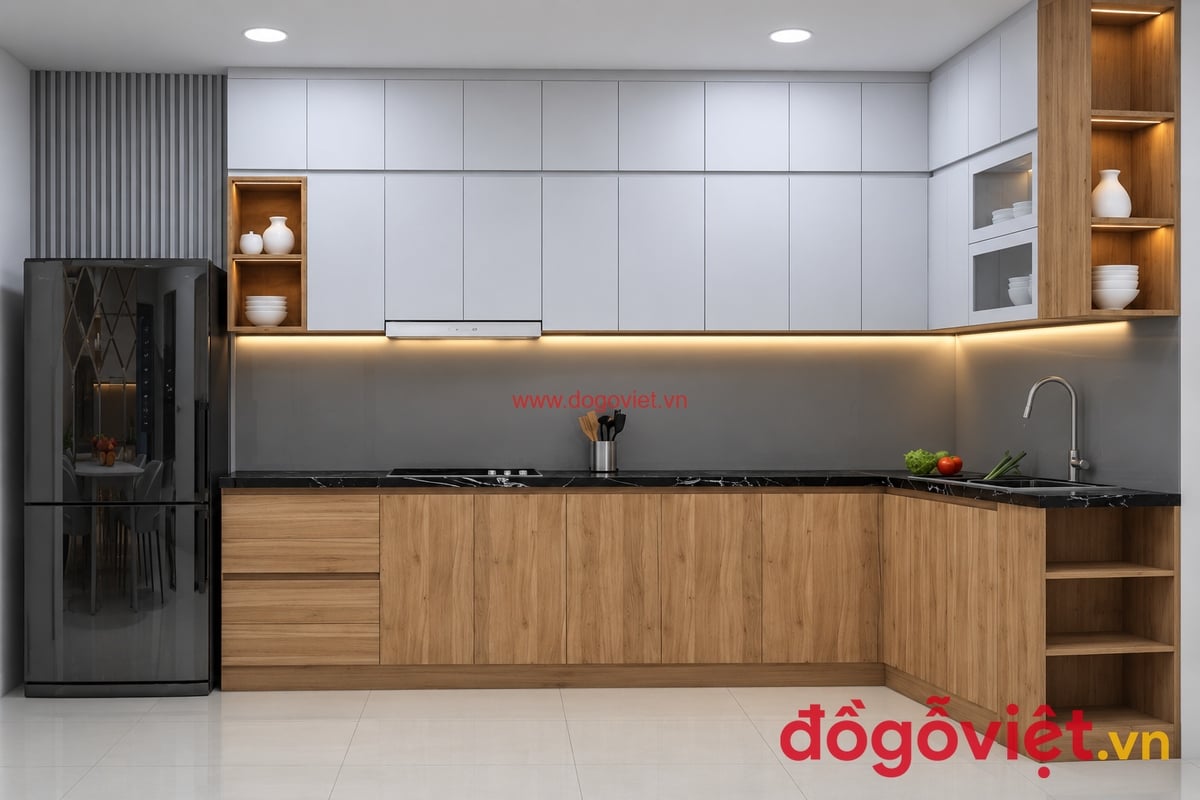 Tủ Bếp Nhựa Picomat S&aacute;t Trần H&igrave;nh Chữ L Tối Ưu Kh&ocirc;ng Gian