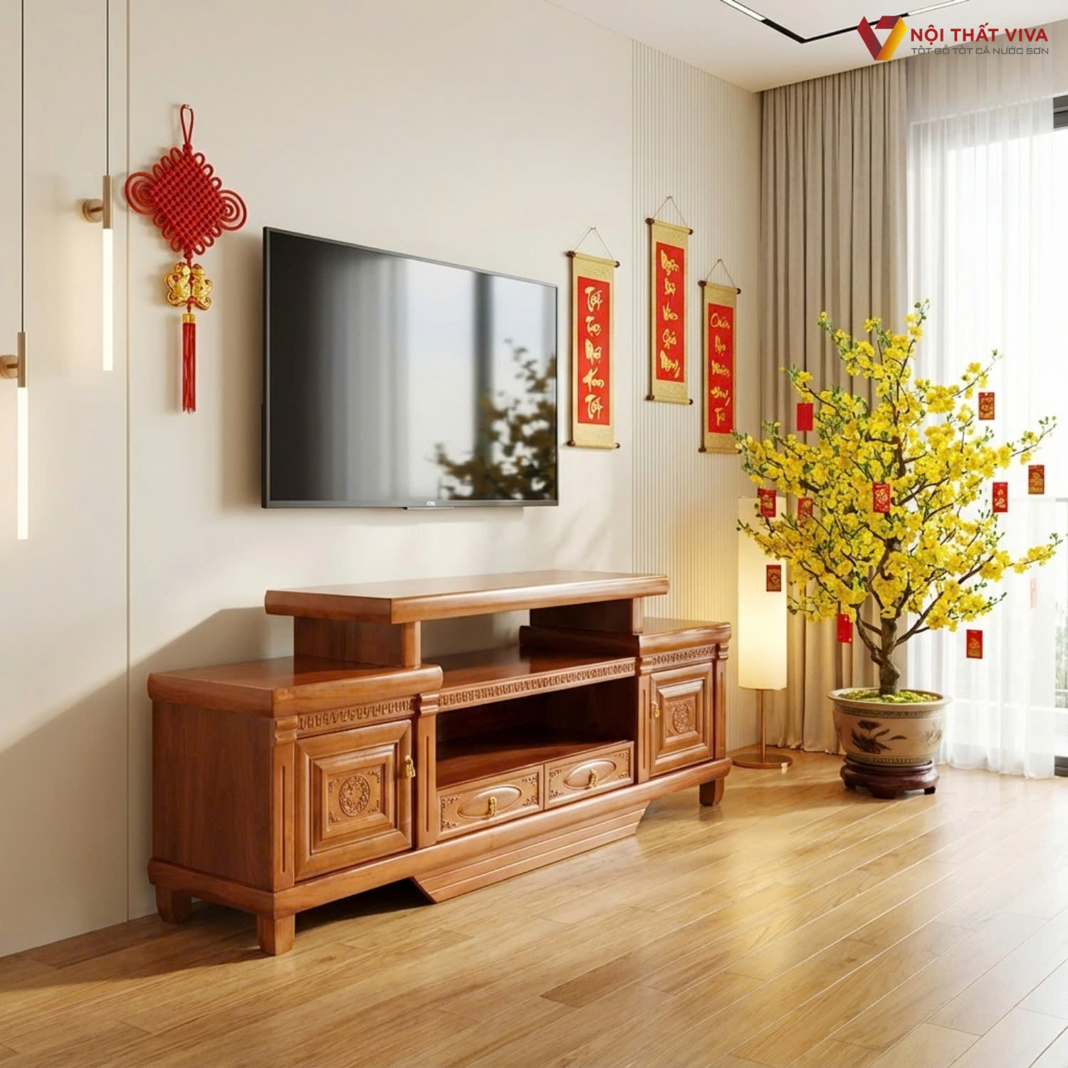 5+ c&aacute;ch trang tr&iacute; kệ tivi ng&agrave;y Tết chuẩn thẩm mỹ nội thất ph&ograve;ng kh&aacute;ch 