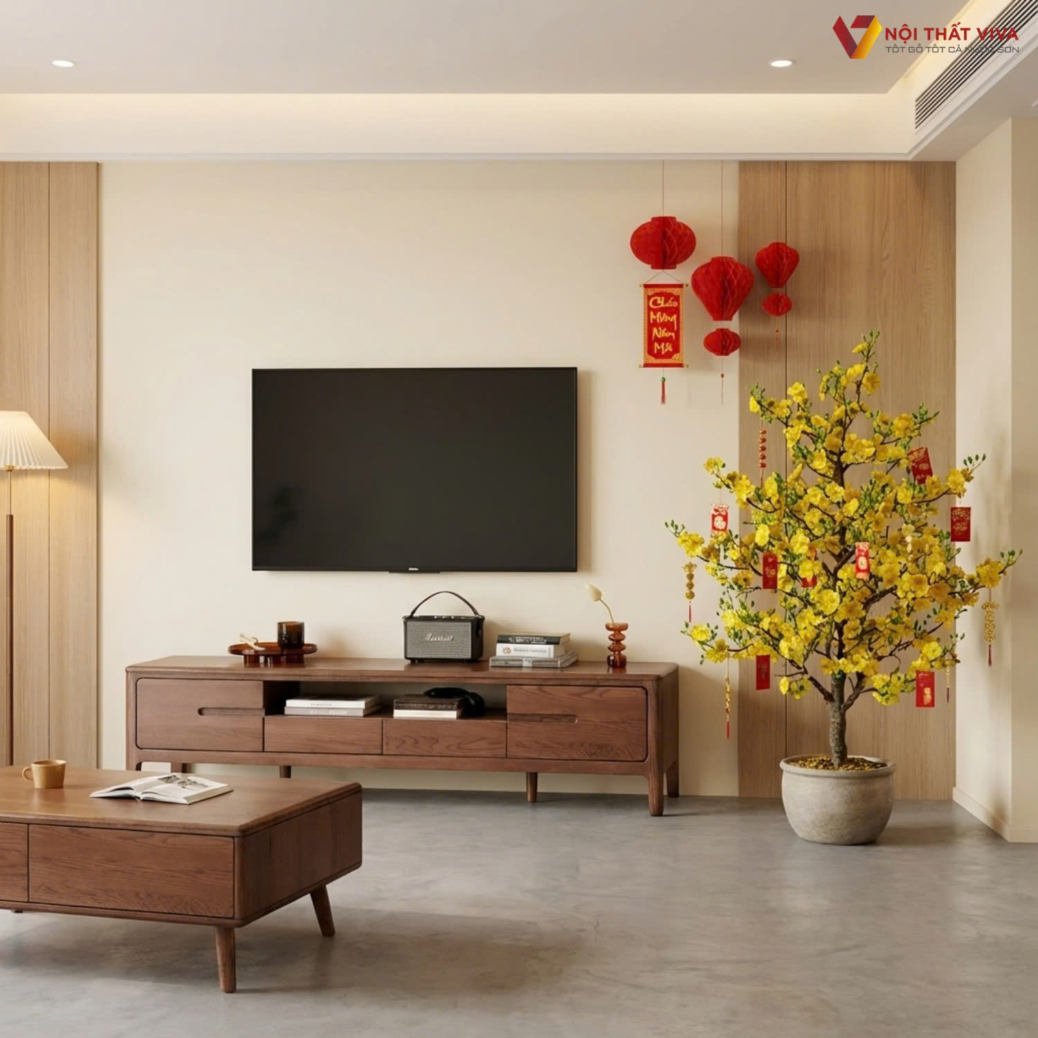 5+ c&aacute;ch trang tr&iacute; kệ tivi ng&agrave;y Tết chuẩn thẩm mỹ nội thất ph&ograve;ng kh&aacute;ch 