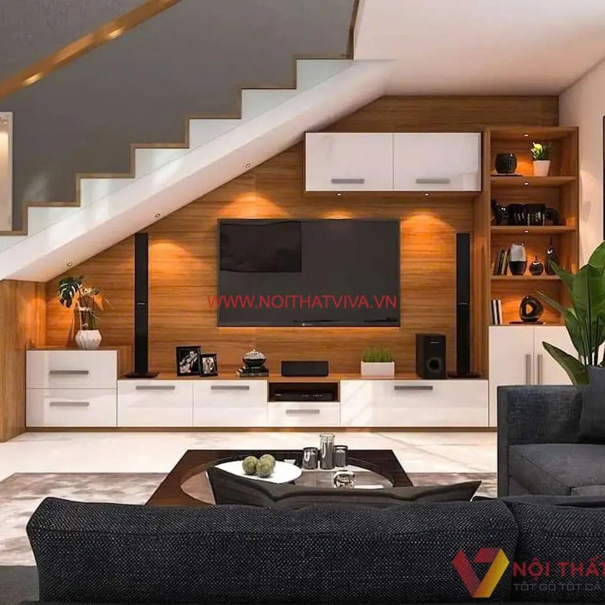 Bảng giá thi công vách ngăn cầu thang kết hợp kệ tivi chuẩn nhất Bảng giá thi công vách ngăn cầu thang kết hợp kệ tivi chuẩn nhất