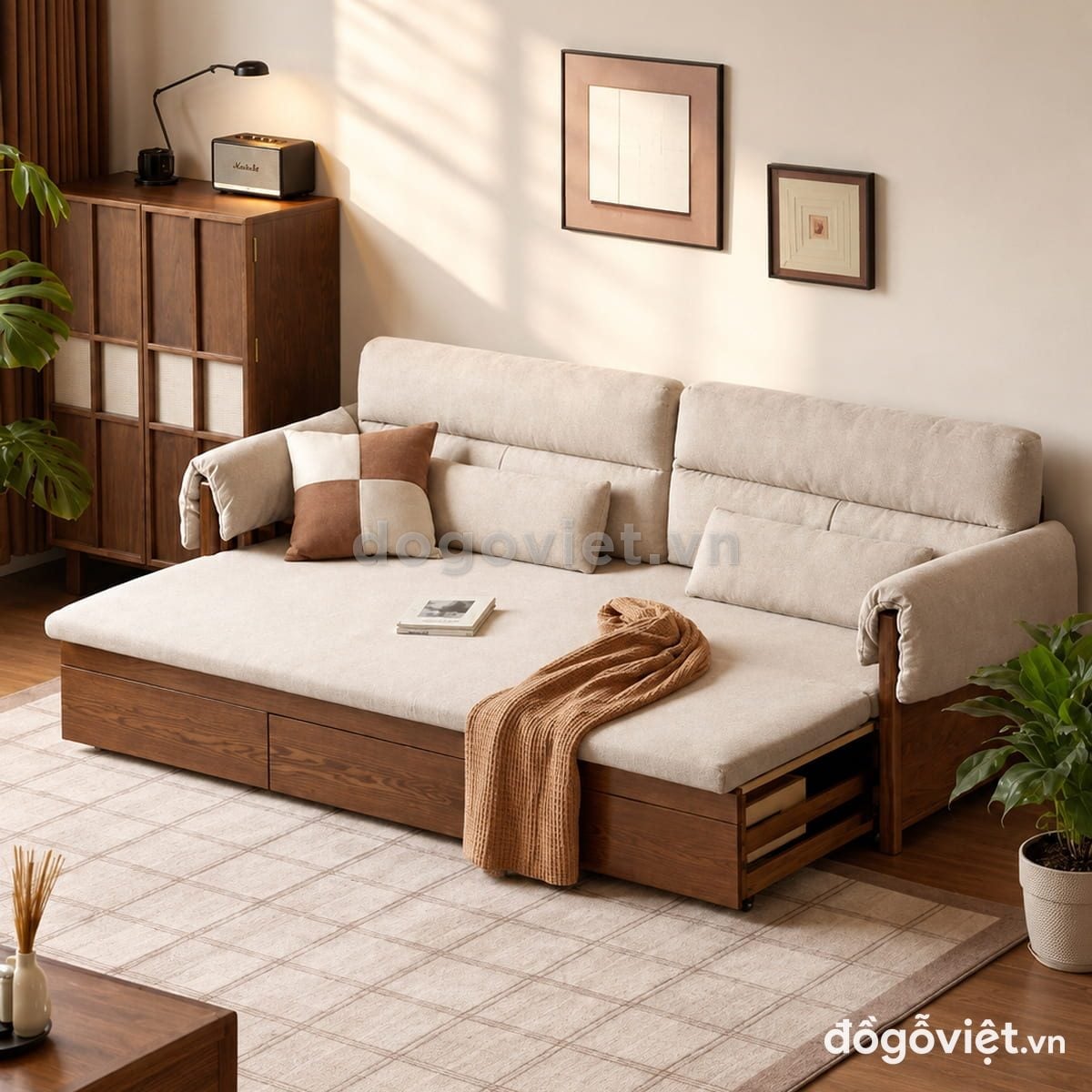 Ghế giường k&eacute;o gỗ tự nhi&ecirc;n c&oacute; ngăn k&eacute;o chứa đồ dưới ghế - ảnh 3
