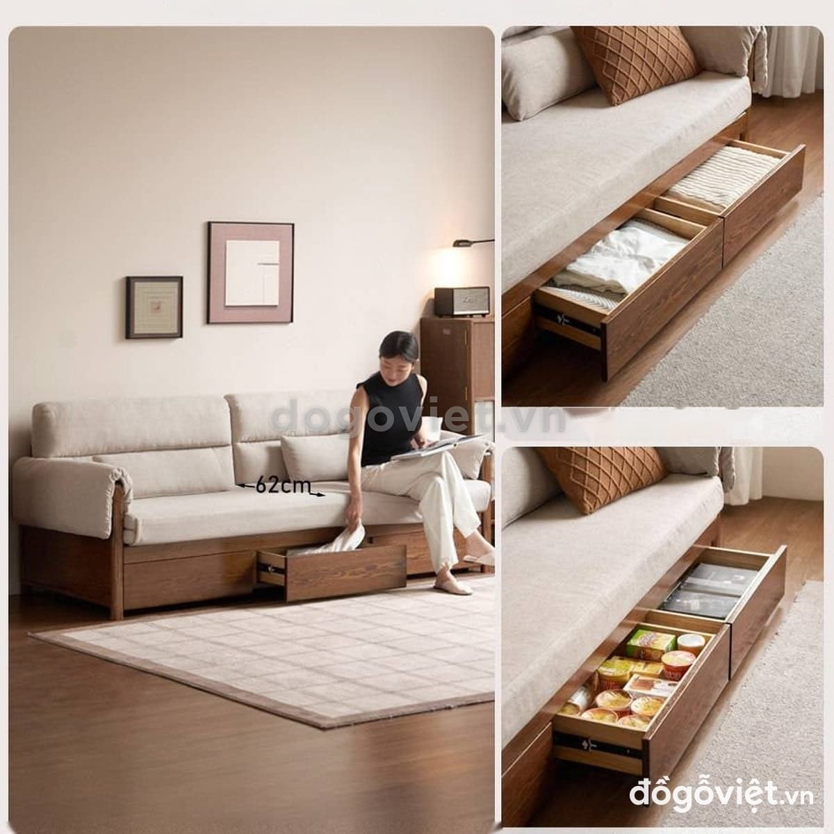Ghế giường k&eacute;o gỗ tự nhi&ecirc;n c&oacute; ngăn k&eacute;o chứa đồ dưới ghế - ảnh 5